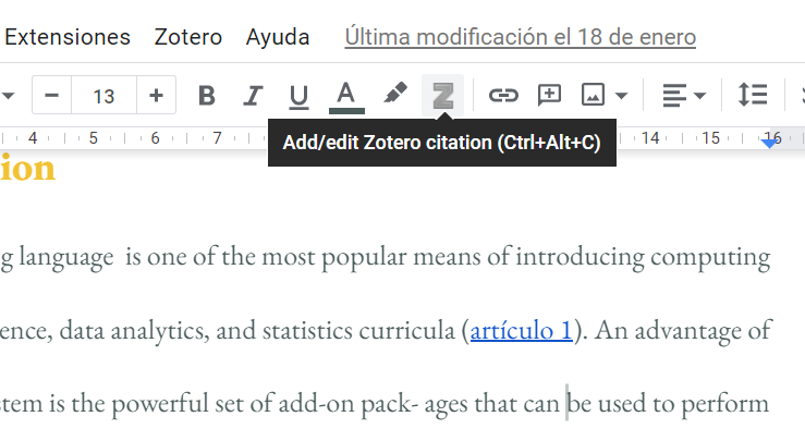 Figura 4. Aspecto del botón de añadir cita de Google Docs